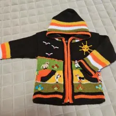 動物刺繍フード付きニットセーター 90cm
