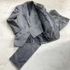 GLOBAL STYLE 3Pスーツ グレー ストライプ ベスト付 上質ウール
