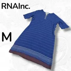 RNA Inc. ネイビー ストライプ 半袖リネン混 ワンピース M ひざ丈のサムネイル
