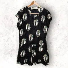 ブラック 総柄チュニックワンピース フレンチスリーブ ヴィンテージ風