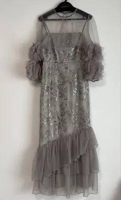 leja フラワースパンコールチュールフリルスリーブIラインワンピースドレス