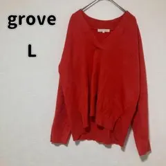【グローブ】リブニットセーター Lサイズ レッド Vネック レディースn4231