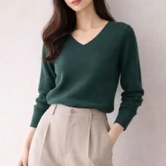 ユニクロ カシミヤ 100% Vネック ニット グリーン L