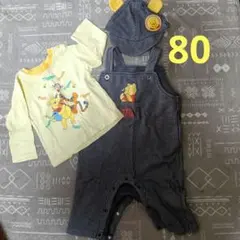 くまのプーさん ストライプロンパースと帽子セット 80