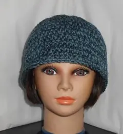 ℳ・ハマナカ紺系／緑・ビーニー・クラッシャーハット・男女兼用・ハンドメイド手編み