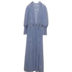 ロングワンピース ブルー プリーツ 長袖 上品 フォーマル ドレス 結婚式