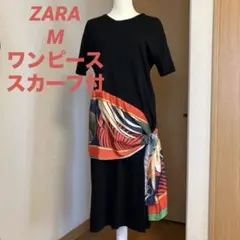 ZARA黒スカーフ付カラフルプリント半袖ロングワンピースMTシャツワンピース素敵