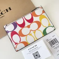 COACH コーチ　カードケース 小銭入れ財布　シグネチャー レインボーホワイト