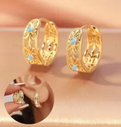 ゴールド フープピアス ターコイズ風装飾