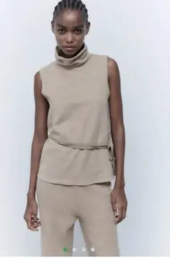 Zaraザラ ベージュニットカットソーノースリーブ