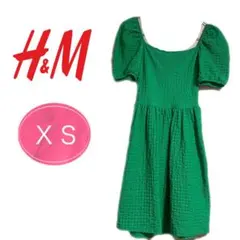【美品】H&M ワンピース XS グリーン 半袖 パフスリーブ ミニワンピ 春夏