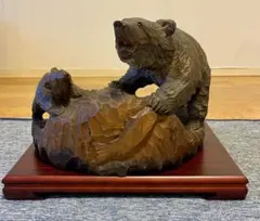 【昭和レトロ】木彫りのクマ親子 台座つき 大型サイズ 置物 インテリア