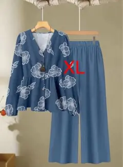 花柄トップと伸縮性ウエストワイドレッグパンツのセットアップ【新品未使用】XL