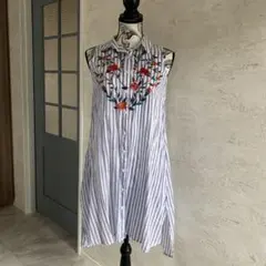 ZARA 刺繍入り ストライプシャツ チュニック