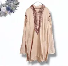 エスニック長袖チュニック ピンクベージュ 刺繍 ゆったり 個性的