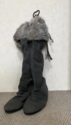 スエード　ファー付き　ロングブーツ　グレー　24.5
