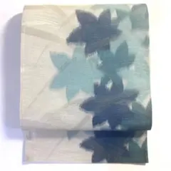5k1079 袋帯　絹　夏帯　夏物　楓　白　紺　青　銀色　柄物　和装　着物