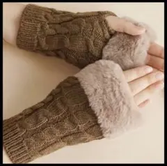 ファー　ニット　手袋　スマホ対応　アームウォーマー　アームカバー　ブラウン　防寒
