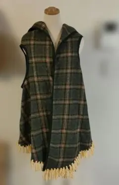 フード付き風　グリーン系チェックポンチョ　ハンドメイド　ナチュラル系