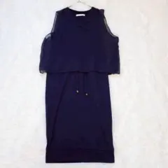 ロイヤルパーティー ノースリーブワンピース シアー レイヤード風 ネイビー