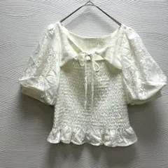 INGNIレース パフスリーブ シャーリング トップス ホワイト✨Mサイズのサムネイル