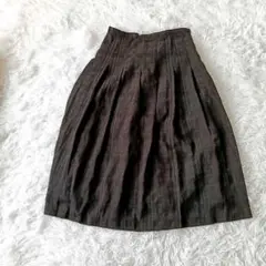リネン　チェック総柄刺繍　タックフレアスカート 上品