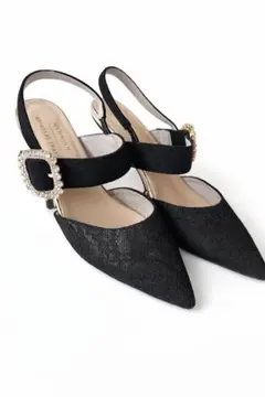 ビジューバックル レースパンプス 黒38 パーティー 結婚式 美品