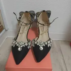 【23.5cm】ビジュー付きパンプス 黒/5cmヒール 結婚式 お色直し