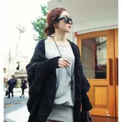 厚手ニットカーディガン一枚着るだけで可愛いコーデ♪　ドルマンスリーブ　ブラック
