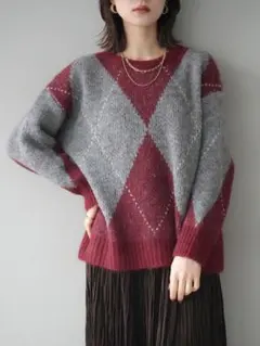 新品❣️ アーガイルオーバーニットプルオーバー/BORDEAUX lumier