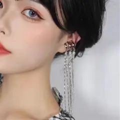 シルバー チェーン イヤーカフ　韓国ファッション　ロングイヤリング