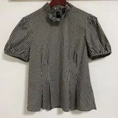 Rene ギンガムチェック柄ブラウス 半袖 パフスリーブ パール フリル