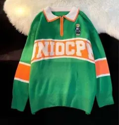 ニットセーター 緑色 ポロシャツスタイル