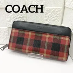 【人気】COACH コーチ 長財布 ラウンドファスナー チェック柄 レッド