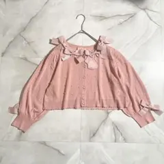 M18955 未使用　マリアピピ パールリボンカーディガン ニットボレロ ピンク