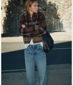 ZARA チェッカー柄ボンバーニットジャケット