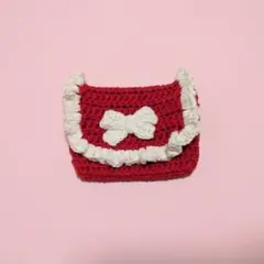 【お値下げ】ハンドメイド　リボン付きかぎ針編みポーチ