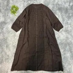 ELLIFE フリーサイズ 麻100% レース ロングワンピース 茶 リネン