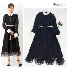 希少デザイン✨ダイアグラム　レース刺繍ドレスワンピース　ベルト付き　ブラック