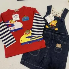 ミキハウス 乗り物プリント Tシャツ&デニムオーバーオールセット 80cm