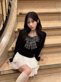 チェック柄リボンドッキングリブニットトップス[gn548]