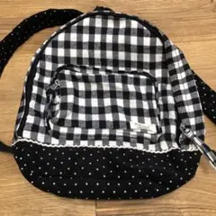 キッズ　Biquette 黒白チェック布製ナチュラルリュック