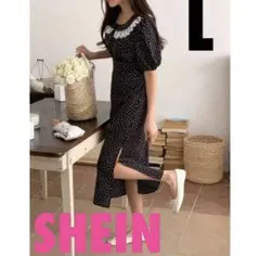 シーイン　フリル襟付きドット柄ワンピース　L きれいめ　韓国風　春服