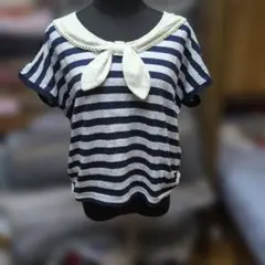 axes femme ボーダー柄 半袖Tシャツ レース襟付き ネイビー×ホワイトのサムネイル