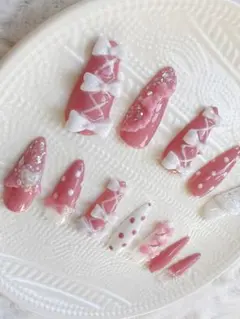 ネイルチップ 完成品24個セット ドット ガーリー ピンクネイル