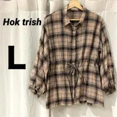 L size ブラウン　チェック ロング シャツ ／ ウエスト紐