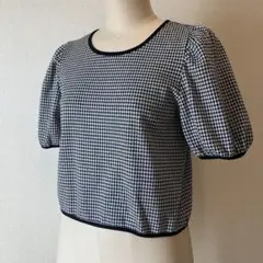 千鳥柄　パフスリーブ半袖　カットソー　黒×白　モノトーン