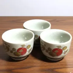【昭和レトロ】高級 湯呑み 3客セット 椿 貫入 藍彩 贈答品 ヴィンテージ