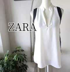 ZARA　スキッパーとろみブラウス　丈長め　サイドブラック　モノトーン