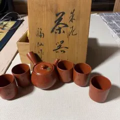 051常滑焼　清水源二　北條　朱泥茶器7点セット　新品未使用品　木箱　共布 051常滑焼 清水源二 北條 朱泥茶器7点セット 新品未使用品 木箱 共布